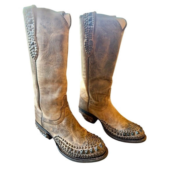Lucchese 1883 Studded Cowboy Boots Womens 7B Brown Distressed Leather Rocker